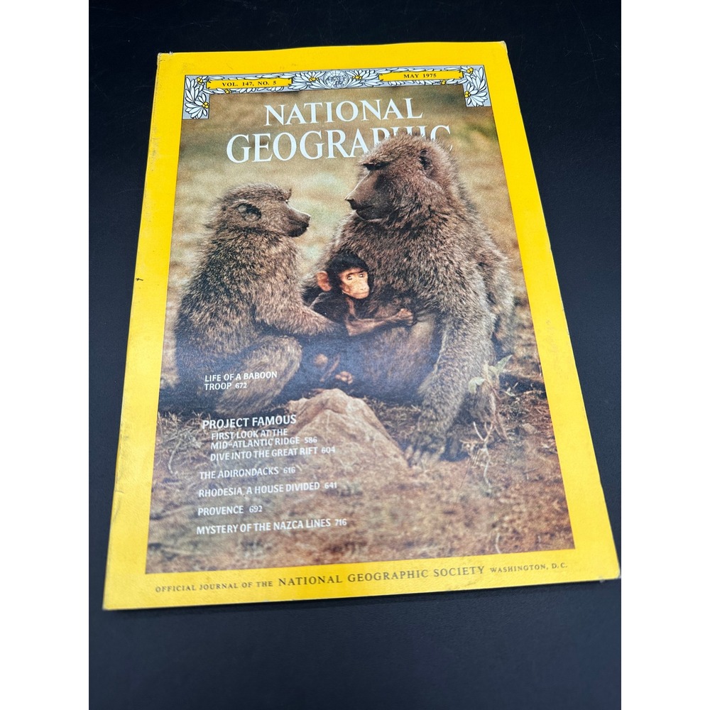 National Geographic May 1975 Magazine Baboon Adirondacks Nazca Lines Vintage